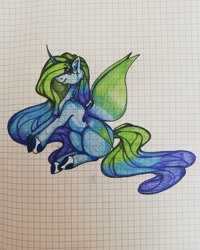 Size: 1080x1350 | Tagged: safe, artist:tessa_key_, oc, oc only, pony, butterfly wings, colored hooves, eyelashes, female, graph paper, horn, mare, sitting, smiling, solo, traditional art, wings