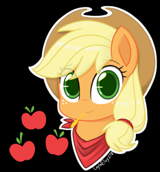Size: 1358x1458 | Tagged: safe, artist:laylaelvy278, applejack, earth pony, pony, g4, applejack's hat, black background, bust, cowboy hat, cute, cutie mark, female, hat, jackabetes, mare, neckerchief, portrait, signature, simple background, smiling, solo, straw in mouth, white outline