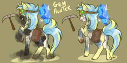 Size: 1800x900 | Tagged: safe, artist:lavvythejackalope, oc, oc only, pony, bag, base used, brown background, duo, gem, goggles, male, pickaxe, raised hoof, saddle bag, simple background, stallion
