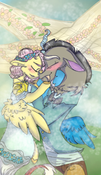 Size: 540x938 | Tagged: safe, artist:cocolove2176, discord, fluttershy, draconequus, pegasus, pony, g4, blushing, clothes, dress, eyes closed, female, floral head wreath, flower, male, mare, ship:discoshy, shipping, smiling, straight, suit, wedding dress, wings