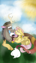 Size: 540x938 | Tagged: safe, artist:cocolove2176, discord, fluttershy, draconequus, pegasus, pony, g4, blushing, colored hooves, eyes closed, female, lying down, male, mare, outdoors, prone, ship:discoshy, shipping, smiling, straight
