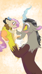 Size: 540x938 | Tagged: safe, artist:cocolove2176, oc, oc:coraliss rose, draconequus, hybrid, pony, blushing, bust, draconequus oc, female, holding a pony, interspecies offspring, offspring, open mouth, parent:discord, parent:fluttershy, parents:discoshy, smiling