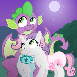 Size: 2200x2200 | Tagged: safe, artist:sweetielover, spike, sweetie belle, dragon, pony, unicorn, g4, adult, adult foal, adult spike, diaper, diaper fetish, duo, fangs, female, fetish, high res, hug, male, mare, moon, moonlight, night, nightime, non-baby in diaper, older, older spike, outdoors, poofy diaper, romance, ship:spikebelle, shipping, smiling, spread wings, straight, wings