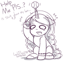 Size: 1800x1500 | Tagged: safe, artist:laylaelvy278, izzy moonbow, pony, unicorn, g5, adorable distress, ball, crying, cute, female, horn, hornball, izzy's tennis ball, mare, monochrome, sketch, solo, tennis ball, text, traditional art
