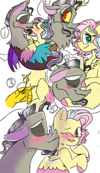 Size: 540x938 | Tagged: safe, artist:cocolove2176, discord, fluttershy, draconequus, pegasus, pony, g4, alternate design, blushing, colored hooves, eyes closed, female, male, mare, one eye closed, ship:discoshy, shipping, simple background, smiling, straight, two toned wings, white background, wings, wink