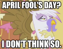 Size: 448x346 | Tagged: source needed, safe, edit, edited screencap, screencap, gilda, griffon, g4, griffon the brush off, 2021, april fools, cropped, fake moustache, food, grooming, preening, solo, splatter, unamused