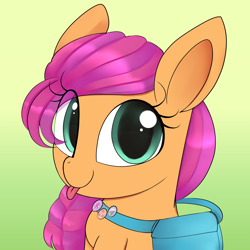 Size: 2000x2000 | Tagged: safe, artist:illusion, sunny starscout, earth pony, pony, g5, :p, badge, bag, braid, cute, female, gradient background, high res, looking at you, mare, solo, sunnybetes, tongue out