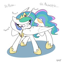 Size: 2000x2000 | Tagged: safe, artist:skoon, princess celestia, alicorn, pony, behaving like a dog, crown, cute, cutelestia, derp, dork, faic, featured image, female, flash-featured image, funny, grooming, hoof shoes, jewelry, majestic as fuck, mare, peytral, preening, regalia, sillestia, silly, silly pony, simple background, sketch, solo, white background