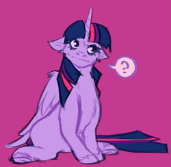 Size: 1371x1336 | Tagged: safe, artist:katedoe, twilight sparkle, alicorn, pony, g4, female, floppy ears, mare, pink background, question mark, simple background, sitting, solo, twilight sparkle (alicorn), unshorn fetlocks