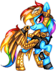 Size: 1110x1410 | Tagged: safe, artist:dasheroni, artist:scarlet-spectrum, rainbow dash, pegasus, pony, g4, amputee, artificial wings, augmented, badass, clothes, epic, female, goggles, looking at you, manepxls, mare, pixel art, profile, prosthetic limb, prosthetic wing, prosthetics, pxls.space, raised hoof, side view, simple background, smiling, smirk, solo, steampunk, transparent background, wings