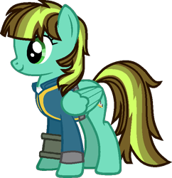 Size: 576x596 | Tagged: safe, artist:katsubases, artist:pegasski, oc, oc only, pegasus, pony, fallout equestria, g4, base used, clothes, eyelashes, female, jumpsuit, mare, pegasus oc, pipbuck, simple background, smiling, solo, transparent background, vault suit, wings
