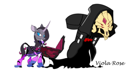 Size: 1920x1080 | Tagged: safe, artist:violarules1, fhtng th§ ¿nsp§kbl, oleander (tfh), demon, pony, unicorn, them's fightin' herds, book, community related, crossover, duo, overwatch, reaper (overwatch), simple background, sombra (overwatch), unicornomicon, voice actor joke, white background