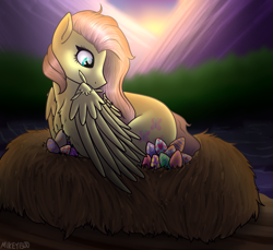Size: 2209x2020 | Tagged: safe, artist:mikeyboo, derpibooru exclusive, fluttershy, pegasus, pony, g4, behaving like a bird, easter, easter egg, egg, flutterbird, fluttermom, grooming, high res, holiday, nest, preening, solo, sunset