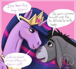 Size: 2200x2000 | Tagged: safe, artist:azurllinate, twilight sparkle, alicorn, donkey, pony, g4, the last problem, accessory, adjustment burro, black hair, blushing, crossover, crossover shipping, crown, disney, eeyore, ethereal mane, female, high res, interspecies, jewelry, larger female, looking at each other, love, mad (tv series), mad magazine, male, mare, multicolored mane, older, older twilight, older twilight sparkle (alicorn), peytral, princess twilight 2.0, purple eyes, regalia, shipping, size difference, smiling, speech, speech bubble, starry mane, talking, tiara, twilight sparkle (alicorn), twiyore, winnie the pooh