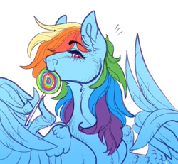 Size: 1083x1000 | Tagged: safe, artist:snowberry, rainbow dash, pegasus, pony, g4, candy, eating, food, lollipop, simple background, solo, white background, wing hands, wings