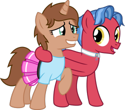 Size: 2868x2527 | Tagged: safe, artist:peternators, biscuit, oc, oc:heroic armour, earth pony, pony, unicorn, g4, clothes, collar, colt, crossdressing, duo, duo male, eyelashes, fake eyelashes, grin, high res, hoof around neck, horn, hug, male, nervous, nervous smile, open mouth, open smile, shirt, side hug, simple background, skirt, smiling, teenager, transparent background, unicorn oc