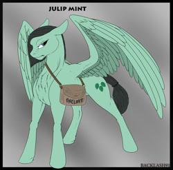 Size: 1280x1265 | Tagged: safe, artist:backlash91, oc, oc only, oc:mint julip, pegasus, pony, fallout equestria, fallout equestria: renewal, abstract background, angry, chest fluff, enclave, fanfic art, female, full body, glare, looking at you, mailbag, mare, scowl, short mane, signature, solo, spread wings, standing, wings