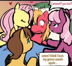 Size: 560x514 | Tagged: safe, artist:ende26, color edit, edit, big macintosh, caramel, cheerilee, fluttershy, earth pony, pegasus, pony, g4, bed, bedroom eyes, big macintosh gets all the mares, bisexual, blushing, caramel lost the grass seeds, colored, cropped, dialogue, everypony's gay for big mac, eyes closed, female, floating heart, gay, heart, male, mare, open mouth, ship:caramac, ship:cheerimac, ship:fluttermac, shipping, shocked, single panel, speech bubble, stallion, straight, sweat
