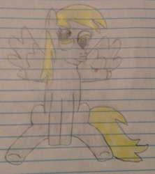 Size: 1486x1677 | Tagged: safe, artist:mr.myoozik, derpibooru exclusive, derpy hooves, pegasus, pony, april fools 2021, cute, derp, derpabetes, eyelashes, female, gray coat, grooming, heart, hooves, lined paper, mane, mare, photo, preening, sitting, spread wings, tail, tongue out, traditional art, wings, yellow hair