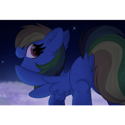 Size: 1800x1800 | Tagged: safe, artist:lbrcloud, rainbow dash, pegasus, pony, g4, female, flying, looking at you, looking back, looking back at you, mare, night, open mouth, smiling, solo