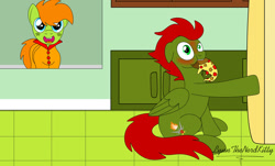 Size: 1280x772 | Tagged: safe, artist:small-brooke1998, earth pony, pegasus, pony, blushing, caught, crossover, floppy ears, food, kitchen, michelangelo, mouth hold, pizza, ponified, raphael, sneaking, teenage mutant ninja turtles