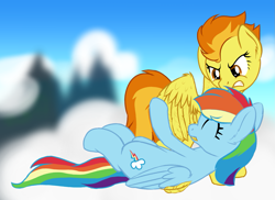 Size: 1485x1080 | Tagged: safe, artist:djdavid98, rainbow dash, spitfire, pegasus, pony, g4, angry, cloud, cute, cutefire, dashabetes, duo, duo female, feather, featured image, female, flash-featured image, grooming, hooves, lesbian, lying down, on back, preening, ship:spitdash, shipping, standing, sweet dreams fuel, tail, wings