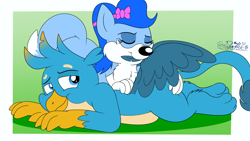 Size: 3840x2160 | Tagged: safe, artist:rupert, gallus, oc, oc:chasityvixen, fox, griffon, g4, bedroom eyes, butt touch, canon x oc, cute, eyes closed, feather, female, gallabetes, grooming, high res, lying down, male, preening, prone, purring, smiling, straight, vixen