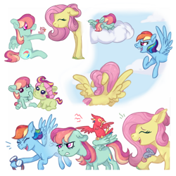 Size: 900x900 | Tagged: safe, artist:computerstickman, bitta luck, feathermay, fluttershy, rainbow dash, bird, mouse, pony, g4, alternate design, baby, baby pony, cloud, family, female, goggles, lesbian, magical lesbian spawn, offspring, on a cloud, parent:applejack, parent:fluttershy, parent:rainbow dash, parent:rarity, parents:flutterdash, parents:rarijack, ship:flutterdash, shipping, sitting, sitting on a cloud