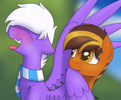 Size: 1700x1400 | Tagged: safe, artist:ponynamedmixtape, oc, oc only, oc:mixtape, earth pony, pegasus, pony, blurry background, blushing, chest fluff, clothes, colored pupils, duo, ear fluff, eye clipping through hair, eyes closed, floppy ears, gay, grooming, male, open mouth, outdoors, preening, scarf, signature, smiling, spread wings, stallion, tongue out, wings