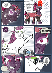 Size: 2480x3508 | Tagged: safe, artist:dsana, fizzlepop berrytwist, tempest shadow, oc, oc:fireweed, oc:thistledown, earth pony, pony, unicorn, comic:a storm's lullaby, g4, april fools, armor, best pony, comic, crystal armor, female, glowing horn, high res, horn, male, mare, stallion, stylistic suck, tempest gets her horn back