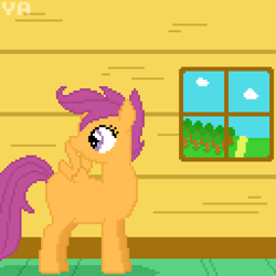 Size: 512x512 | Tagged: safe, artist:valuable ashes, scootaloo, pegasus, pony, g4, cloud, clubhouse, grooming, pixel art, preening, solo, story included, tree, watermark