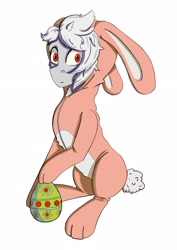 Size: 2480x3508 | Tagged: safe, artist:ardilya, oc, oc only, oc:odd, earth pony, pony, animal costume, bunny costume, clothes, commission, costume, digital art, easter, easter bunny, easter egg, high res, holiday, looking at you, red eyes, simple background, solo, ych result