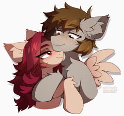 Size: 4700x4408 | Tagged: safe, artist:kirionek, oc, oc only, oc:crimm harmony, oc:stitched laces, pony, couple, duo, ear fluff, female, freckles, hug, male, oc x oc, shipping, simple background, stimony, straight, white background