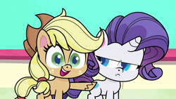 Size: 1920x1080 | Tagged: safe, screencap, applejack, rarity, earth pony, pony, unicorn, disappearing act, g4.5, my little pony: pony life, butt touch, cute, duo, female, hoof on butt, jackabetes, mare, rarity is not amused, smiling, unamused