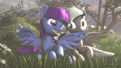 Size: 1920x1080 | Tagged: safe, artist:christian69229, oc, oc only, oc:eminence bloom, oc:flushie, pegasus, pony, 3d, collar, female, grooming, looking at each other, mare, preening, source filmmaker