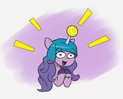 Size: 1050x850 | Tagged: safe, artist:mew-me, izzy moonbow, pony, unicorn, g5, abstract background, ball, bracelet, emanata, female, horn, horn guard, horn impalement, hornball, izzy's tennis ball, jewelry, mare, open mouth, open smile, simple background, smiling, solo, tennis ball, unshorn fetlocks