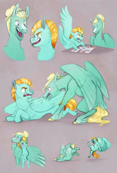 Size: 2021x2967 | Tagged: safe, artist:vindhov, lightning dust, zephyr breeze, pegasus, pony, g4, angry, blaze (coat marking), blushing, coat markings, confused, crack shipping, duo, facial markings, feathered fetlocks, female, grooming, high res, hug, kicking, male, preening, shipping, simple background, smiling, straight, winghug, zephyrdust