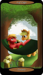 Size: 1500x2591 | Tagged: safe, artist:sixes&sevens, part of a set, applejack, big macintosh, earth pony, pony, g4, applejack is not amused, brother and sister, cider, cider mug, duo, female, four of cups, hammock, lying down, male, minor arcana, mug, outdoors, siblings, tarot card, tree, unamused