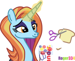 Size: 1024x833 | Tagged: safe, artist:roger334, sassy saddles, pony, unicorn, g4, april fools, april fools 2021, bread, cutting, food, literal, scissors, simple background, solo, transparent background