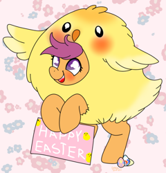 Size: 606x630 | Tagged: safe, artist:therainbowtroll, scootaloo, bird, chicken, pegasus, pony, g4, animal costume, blushing, chicken suit, clothes, costume, cute, cutealoo, easter, easter egg, egg, holiday, pinkie pie's cutie mark, rainbow dash's cutie mark, scootachicken, sign, silly, silly pony