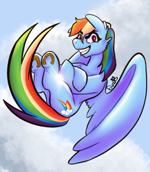 Size: 1200x1374 | Tagged: safe, artist:zombiemangamaker, rainbow dash, pegasus, pony, g4, female, flying, lens flare, sky, solo