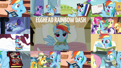 Size: 1280x721 | Tagged: safe, edit, edited screencap, editor:quoterific, screencap, applejack, carrot top, cloud kicker, coco crusoe, daring do, doctor whooves, fluttershy, golden harvest, lyra heartstrings, pinkie pie, pokey pierce, rainbow dash, rainbowshine, rarity, spike, teddie safari, time turner, twilight sparkle, alicorn, dragon, pegasus, pony, a friend in deed, daring don't, daring doubt, read it and weep, season 2, season 3, season 4, season 5, season 6, season 8, season 9, stranger than fan fiction, tanks for the memories, the end in friend, too many pinkie pies, trade ya, spoiler:s08, spoiler:s09, angry, book, clothes, cloudsdale, cute, dashabetes, derp, egghead, egghead dash, female, golden oaks library, hospital, male, mane seven, mane six, multicolored hair, multicolored mane, multicolored tail, open mouth, pointing, reading, sad, safari hat, scarf, sitting, snow, tail, train, twilight sparkle (alicorn), winter hat, winter outfit