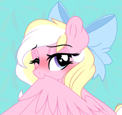 Size: 3493x3284 | Tagged: safe, artist:emberslament, oc, oc only, oc:bay breeze, pegasus, pony, blushing, bow, female, grooming, hair bow, heart eyes, high res, looking at you, mare, one eye closed, preenhub, preening, solo, wingding eyes, wink