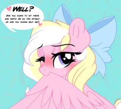 Size: 3750x3375 | Tagged: safe, alternate version, artist:emberslament, oc, oc only, oc:bay breeze, pegasus, pony, blushing, bow, cute, female, grooming, hair bow, heart eyes, high res, looking at you, mare, one eye closed, preenhub, preening, simple background, solo, speech bubble, talking to viewer, text, wingding eyes, wings, wink