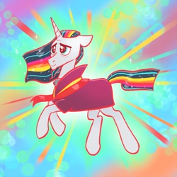Size: 2048x2048 | Tagged: safe, artist:pfeffaroo, chancellor neighsay, pony, unicorn, g4, abstract background, april fools, high res, rainbow power, solo