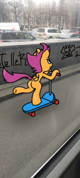 Size: 1800x4000 | Tagged: safe, artist:a-jaller, scootaloo, pegasus, pony, semi-anthro, g4, arm hooves, butt, plot, scooter