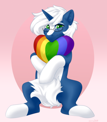 Size: 1706x1943 | Tagged: safe, artist:xommasun, oc, oc only, oc:passi deeper, pony, unicorn, abstract background, coat markings, covering, femboy, glasses, gradient background, green eyes, heart, horn, hug, looking at you, male, pillow, rainbow, shy, sitting, smiling, socks (coat markings), solo, stallion, tail covering, unicorn oc