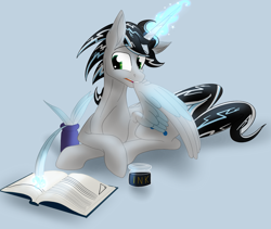 Size: 2395x2020 | Tagged: safe, artist:sixes&sevens, oc, oc only, oc:prince mentiad, alicorn, pony, alicorn oc, book, crossed hooves, grooming, high res, horn, inkwell, lying down, magic, male, multitasking, preening, quill, simple background, solo, wings, writing