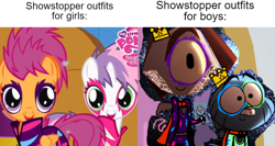 Size: 918x488 | Tagged: safe, scootaloo, sweetie belle, cat, cyclops, pegasus, pony, unicorn, g4, the show stoppers, cape, clothes, crown, face paint, female, filly, gumball watterson, jewelry, king, magic wand, outfit, pegasus wings, prince, regalia, rob, show stopper outfits, smiling, talent show, the amazing world of gumball, wings