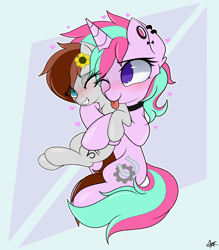 Size: 2800x3200 | Tagged: safe, artist:starmaster, oc, oc only, oc:becca, oc:gadassi dash, pegasus, pony, unicorn, blushing, cute, duo, female, grooming, high res, hug, mare, preening, tongue out